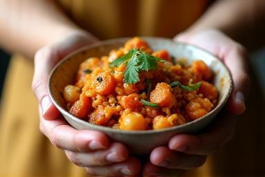 Hands holding a bowl of delicious international food